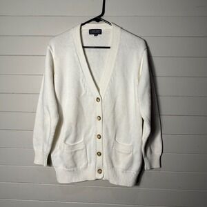 Lands End Womens White 100% Cotton V-Neck Button Front Cardigan Sweater Size M